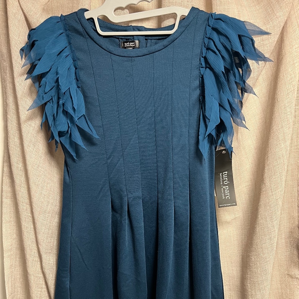 Turo Parc - Dark Teal Blue Dress with Chiffon feathered sleeves
